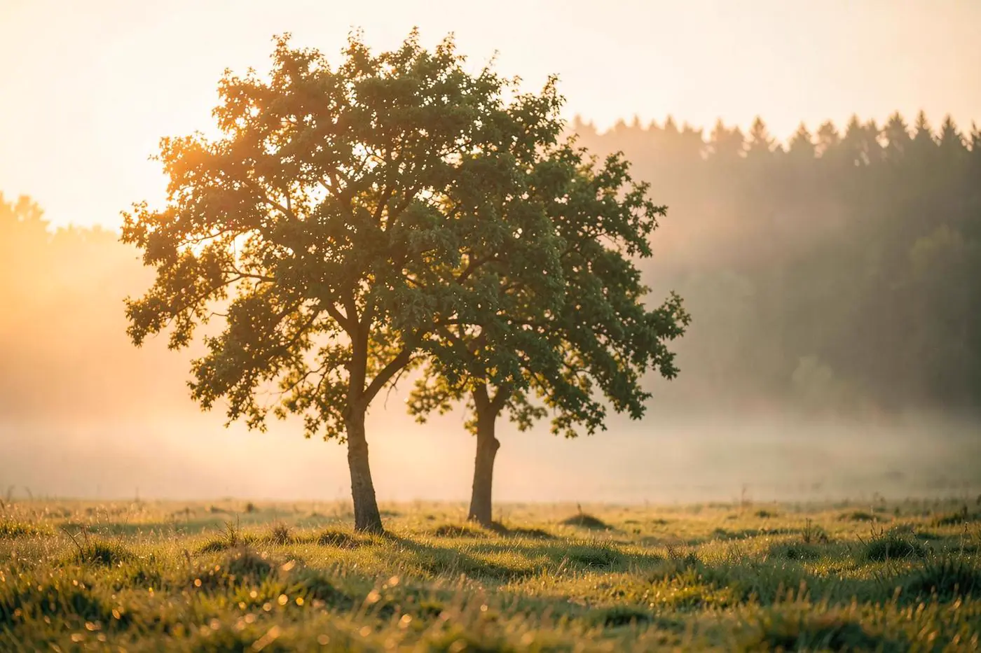 Baum auf einer Wiese im goldenen Morgenlicht mit Nebel